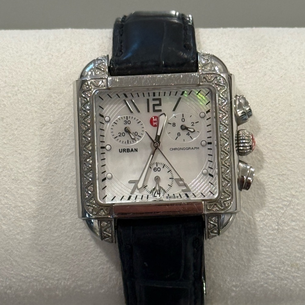 Michele Urban Chronograph Women’s Watch – Stainless Steel, Genuine Leather Strap